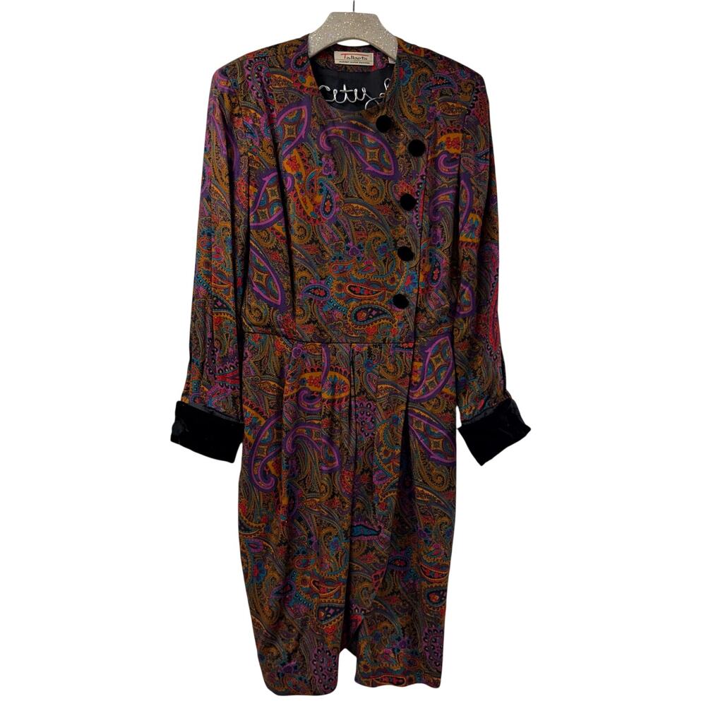 Albert Nipon for Talbots Paisley Dress 10P VTG Wrap Asymmetric Top Velvet Cuff